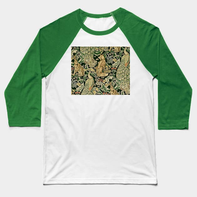 GREEN FOREST ANIMALS ,PEACOCKS, FOX AND HARE Baseball T-Shirt by BulganLumini